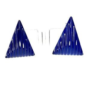 Vintage Royal Blue Fluted Domed Triangle Post Stud Earrings Metal Pyramid